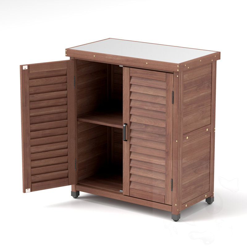 Banc de rempotage avec armoire de rangement et plateau de table en métal, Brown
