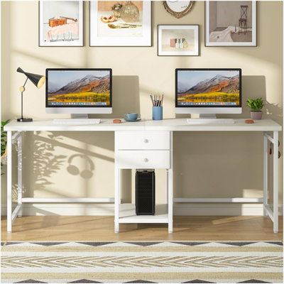 Bureau d'ordinateur 79 pouces pour deux personnes avec tiroirs et tablettes de rangement, table de travail double extra longue avec crochets, bureau d'écriture industriel pour bureau personnel, blanc