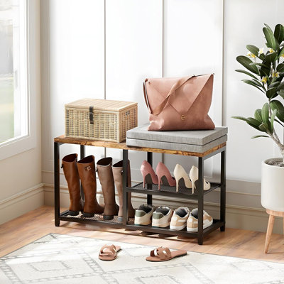 Banc de rangement dissimulé à 3 niveaux pour chaussures avec coussin, étagère à chaussures autoportante en bois étroit, rangement pour bottes et talons hauts, gris et noir