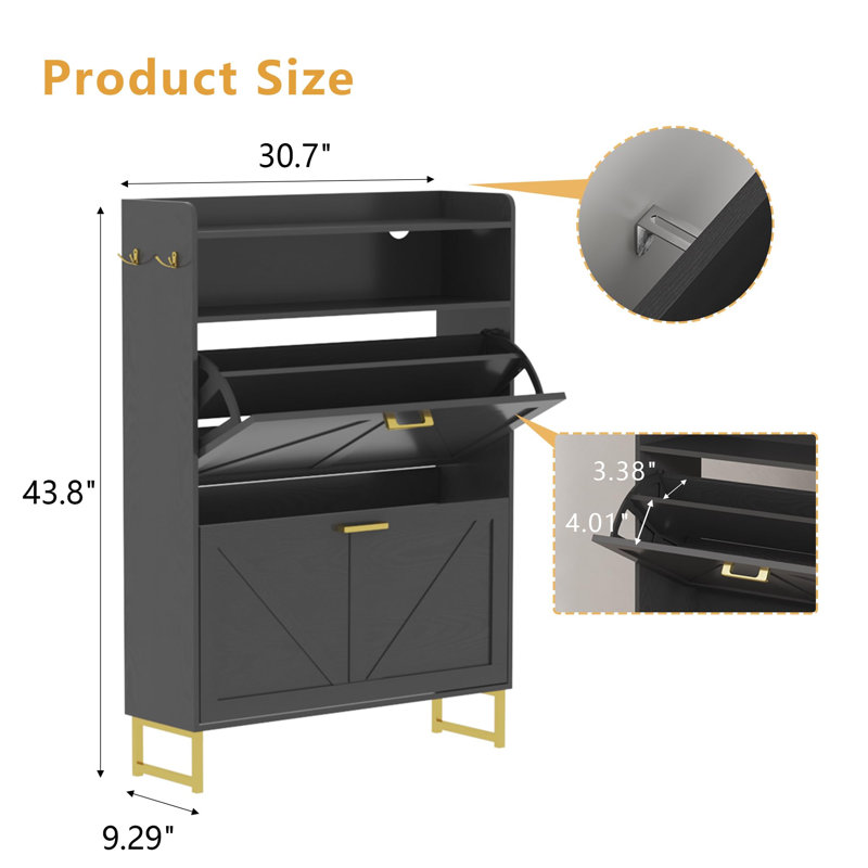 16-Pair Shoe Cabinet with Two Flip-Top Drawers, Black