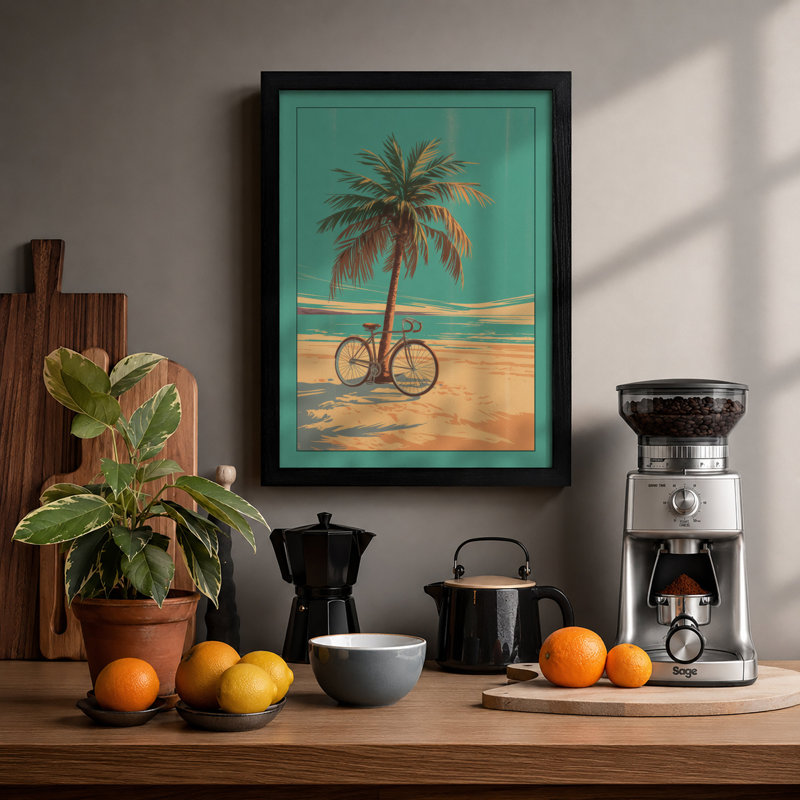 Bicycle And Palm Coastal - Print, Black, A4 - 29.7 x 21.0 cm