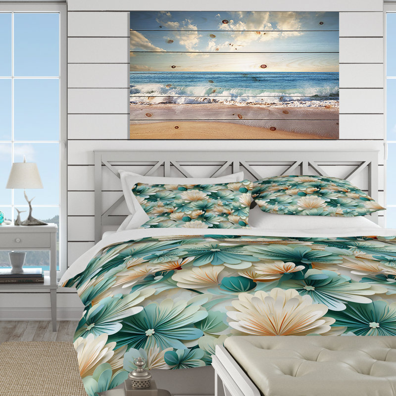 Ensemble de housse de couette bord de mer White And Green Coastal Escape I, Housse de couette pour très grand lit et 2 très