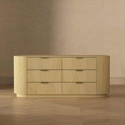 Olivia 71" Modern Double Dresser with 6 Drawers in Natural Oak and Gold