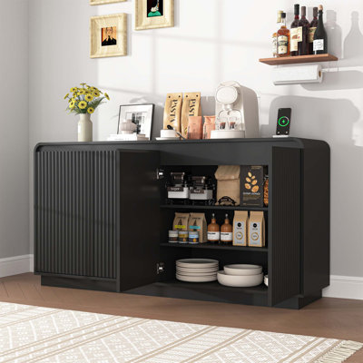 4-Door Fluted TV Stand with Power Outlet, Handleless Wave Design, Adjustable 3-Tier Storage, Multi-Functional Media Console & Buffet Sideboard