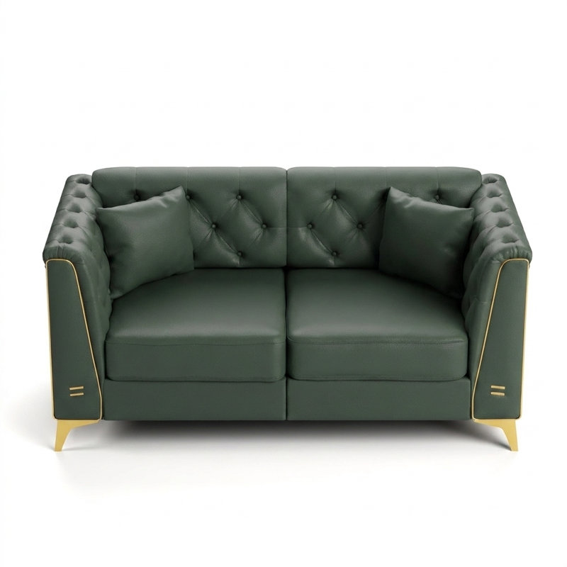 Canapé Chesterfield modulaire de style Mid-Century avec capitonnage à boutons, accoudoirs garnis de métal et pieds minces, comprend 2 coussins