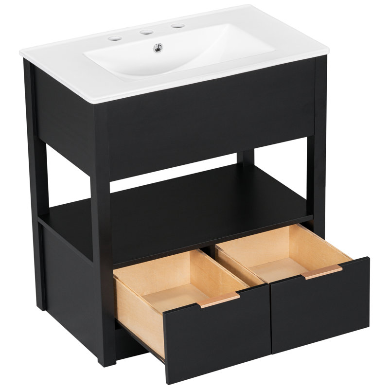 Meuble-lavabo noir élégant de 30 po avec comptoir d'évier, tablette de rangement ouverte et deux tiroirs, ensemble complet (ancien SKU: Wf311619aap)