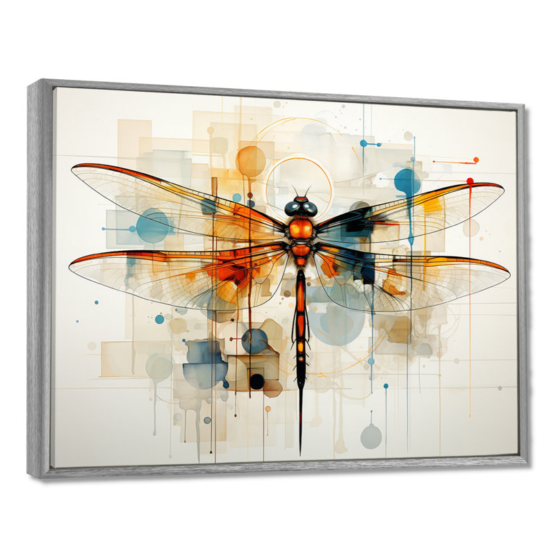 Libellule en teck vol éthéré géométrique - Libellule, art mural, H 30 po x l 40 po x P 1,5 po, Encadrement argenté