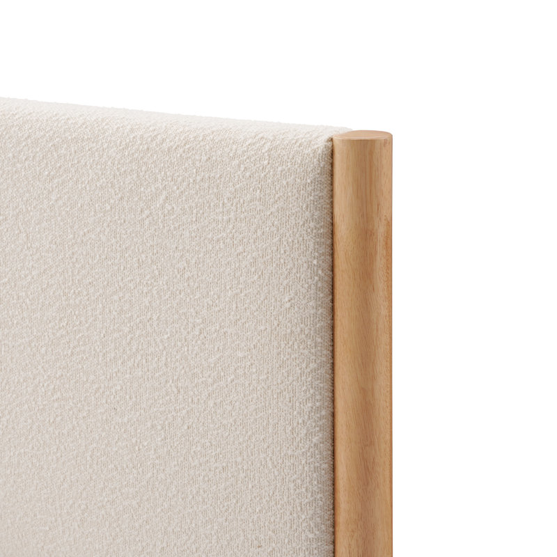 Structure de lit en bois massif Ardin avec tête de lit tapissier crème, Grand lit, Naturel