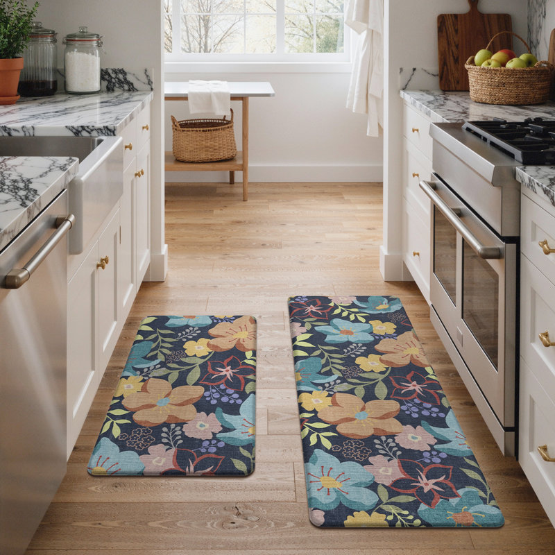 Tapis de cuisine rétro anti-fatigue floral avec envers antidérapant (ensemble de 2), 17" X 30"+17" X 47", Black
