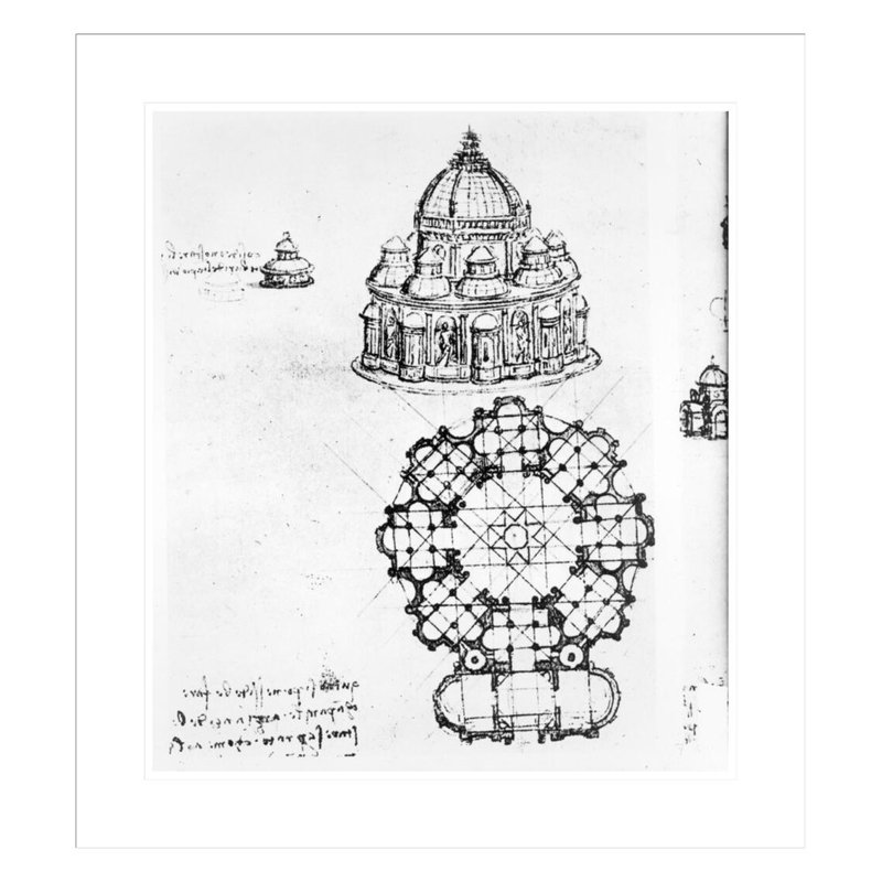 Détail d'une église centralisée par Léonard de Vinci - Estampe numérique encadrée, H 26 po x l 23,5 po
