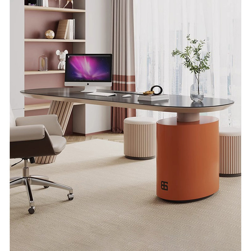 Bureau clair en pierre de luxe minimaliste avec tiroirs, 29.53" H x 70.87" W x 27.56" D