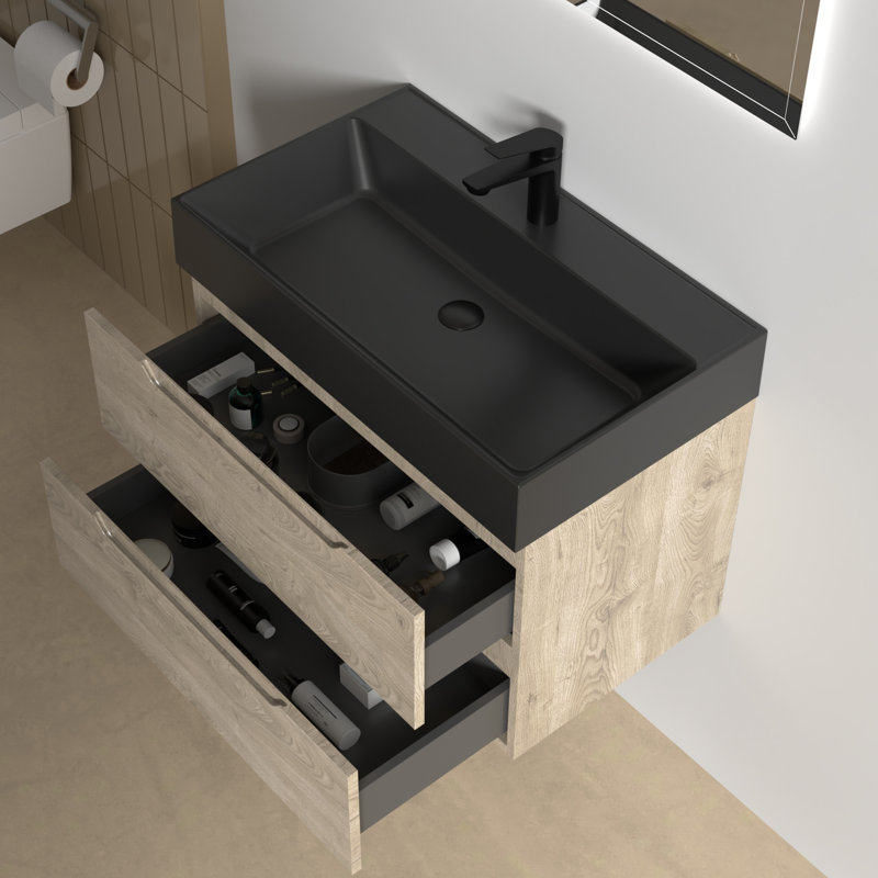 32" Single Bathroom Vanity Wall-mounted Floating vanities with Black Resin Stone Top,2 Drawers Modern for Small Bathroom, 32"