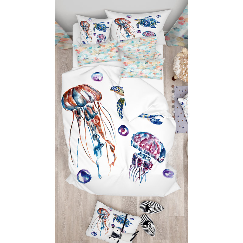 Ensemble de housse de couette colorée jellyfish et tortues designart, Housse de couette grand + 2 taies décoratives