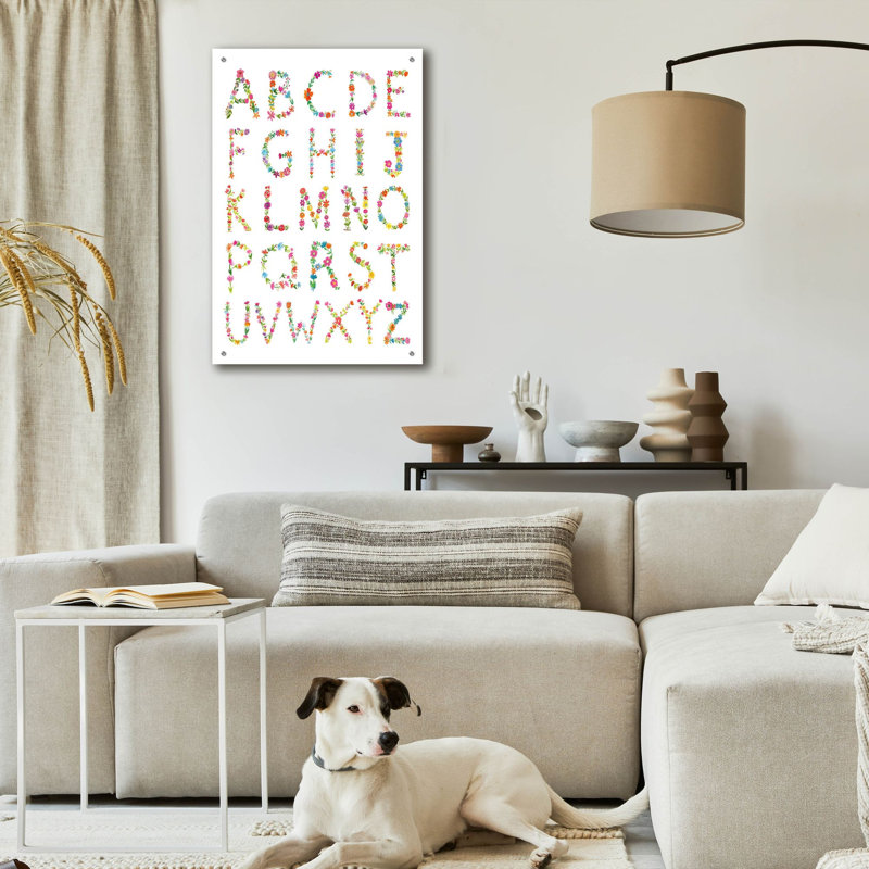 Art mural en verre épique «Floral Alphabet» par Farida Zaman, 24 po x 36 po, H 36 po x l 24 po