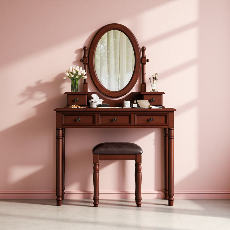 Vanity Desk With Adjustable Angle Mirror, Vintage Vanity Makeup Table And Cushioned Stool Set Lining 5 Drawers,Wooden Dressing Table Set For Bedroom