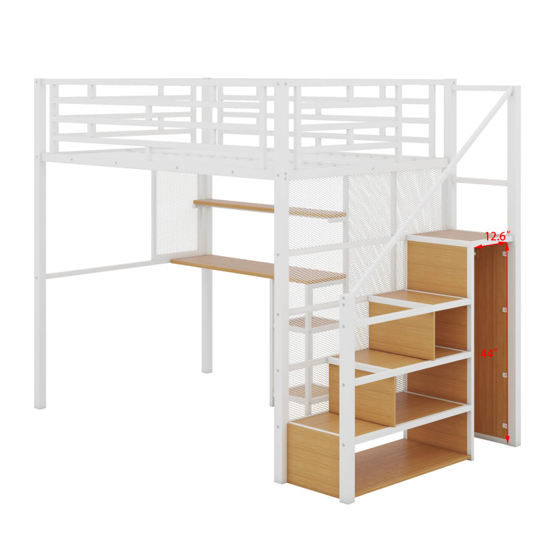 Lit mezzanine double en métal avec garde-robe, bureau et tablettes de rangement, Blanc