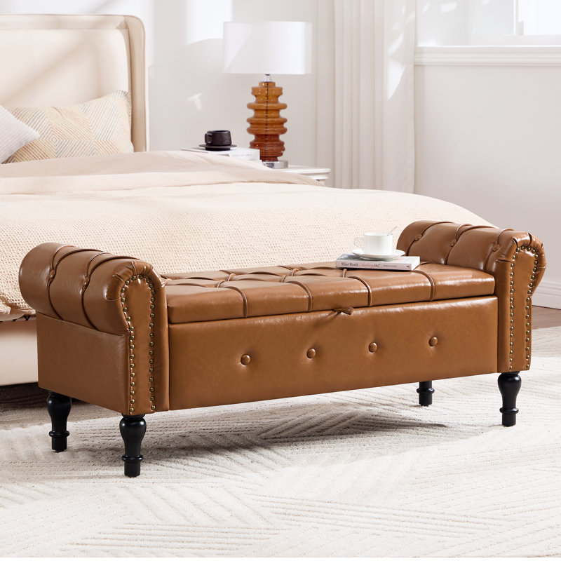Elegant Upholstered Storage Bench with Roll Arms and Stylish Stitching & Button Design, Brown
