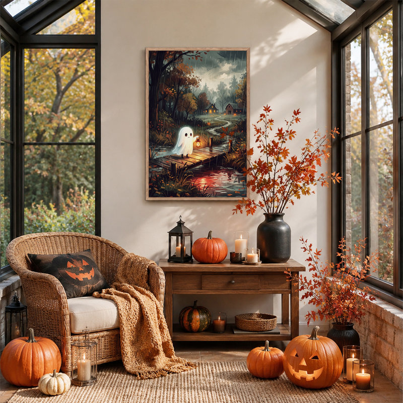 Tableau sur toile d'Halloween représentant un fantôme blanc tenant une lanterne sur un pont d'automne, 48"H x 36"W