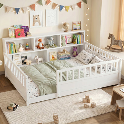  Full Size Montessori Floor Bed for Kids with Safety Fence & Storage Shelf