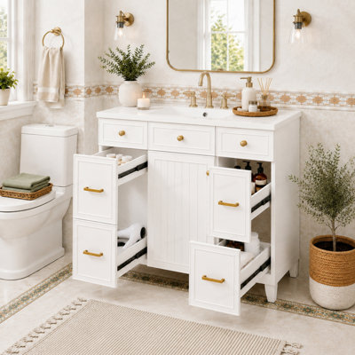 Meuble-lavabo 36 po avec lavabo en céramique, cadre en bois massif blanc, portes à fermeture douce, tablettes réglables, 3 tiroirs, y compris un tiroir à double profondeur pour le rangement du sèche-cheveux