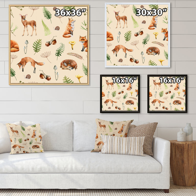 Fox and Deer With Herbs Fern and Mushroom - reproduction d'art sur toile à motifs, H 37 po x l 36 po, Cadre noir