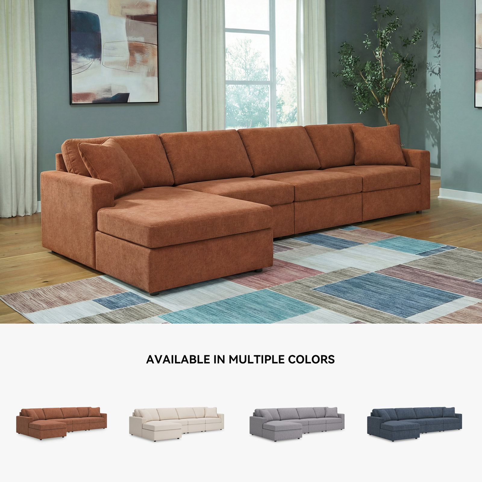 Bulwell Sectional With Chaise, Left Hand Facing, 36" H x 140" W x 68"D, Brown Polyester