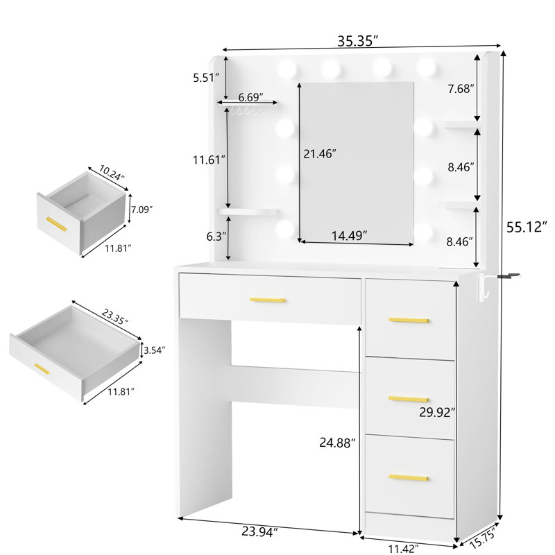 Miroir de meuble-lavabo lumineux 35 pouces à DEL avec 10 ampoules, 3 modes d'éclairage, 4 tablettes + 4 tiroirs, prise de courant intégrée, blanc (décorations de Noël non incluses)