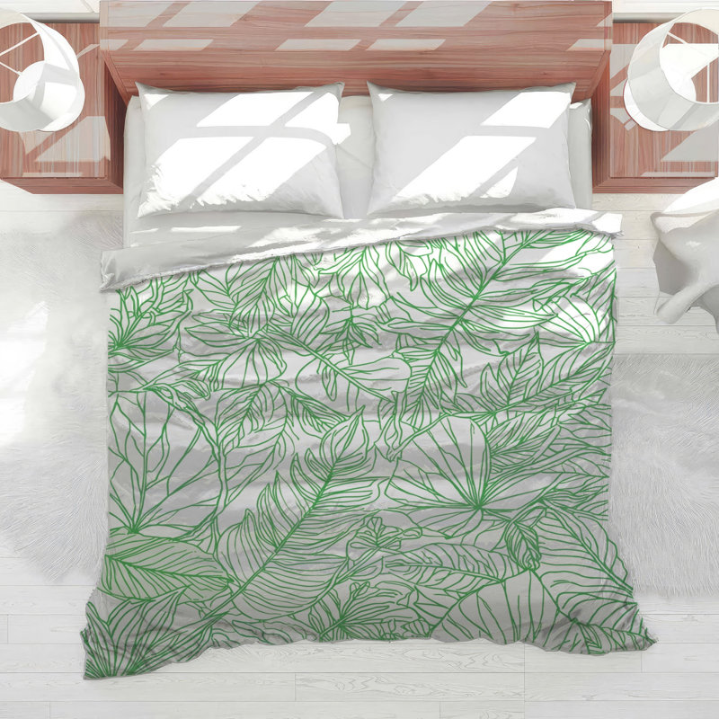 Green Leaf Line Art Comforter, Queen