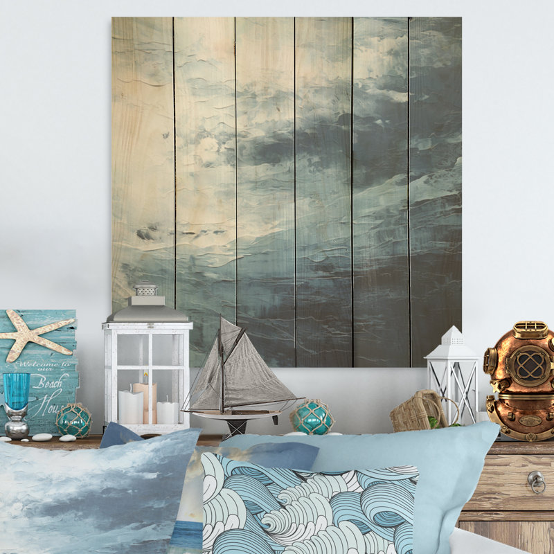 Minimalism Black And Blue Paint Wave - Coastal Wood Wall Art On Natural Pine Wood, 30" H x 30" W