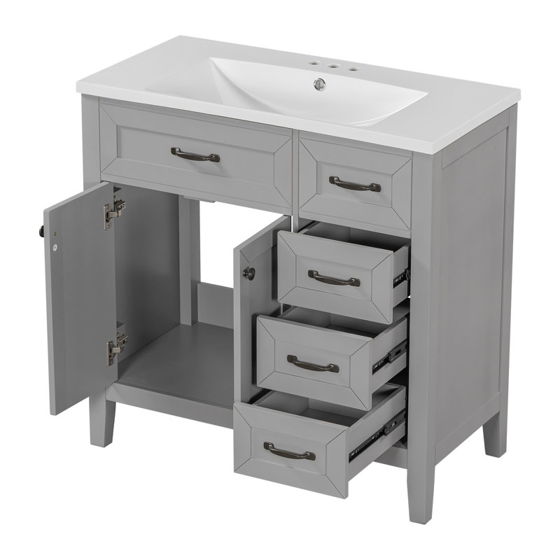 Ensemble de meuble-lavabo 36 po avec lavabo, armoire de salle de bain avec tiroirs, cadre solide et panneau de fibres à densité moyenne, gris (ancien numéro de référence: JL000007AAE)