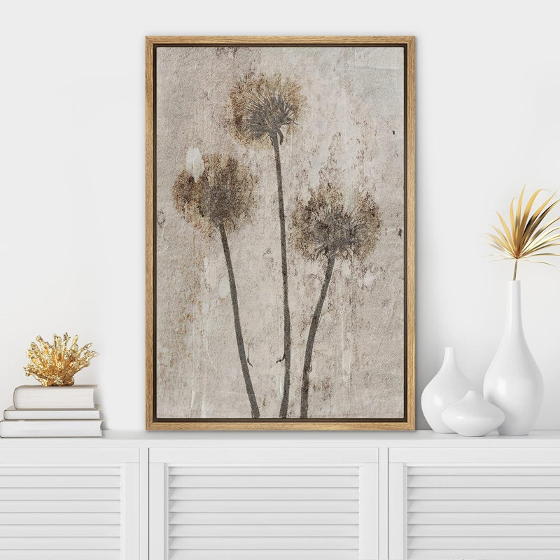 Dandelion " Grunge Dandelion Flower Silhouettes ", 24" H x 16" W, Natural Floater Framed