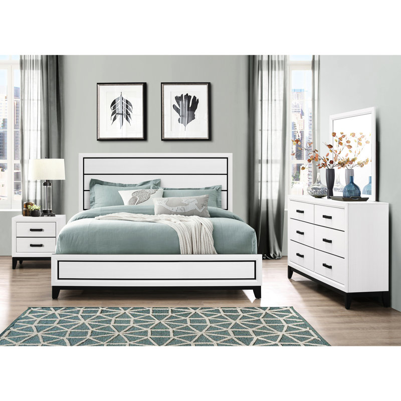 Lit double Mirage blanc, fabrication durable avec tête de lit à panneau, lit à profil bas contemporain, pieds fuselés et expérience de sommeil élégante