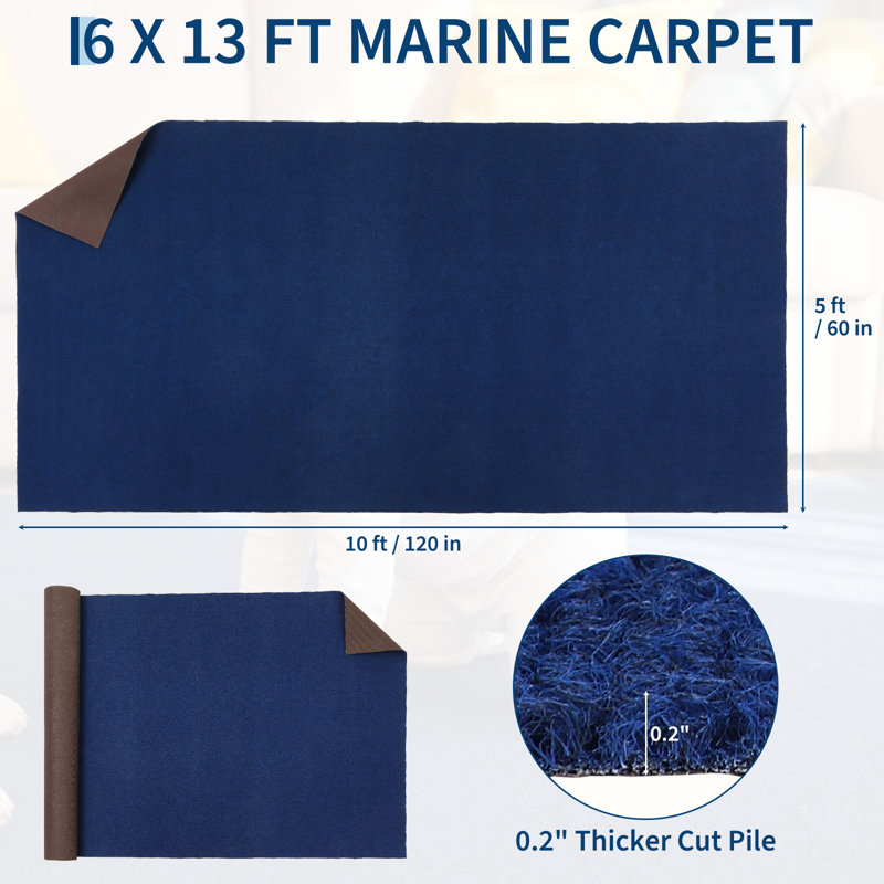  5' x 10' Marine Carpet Roll, 0.2 Inch Thick Waterproof Indoor Outdoor Area Rug with Anti-Slip TPE Backing, Easy to Cut Blue Boat Flooring for Patio, Porch, and Deck