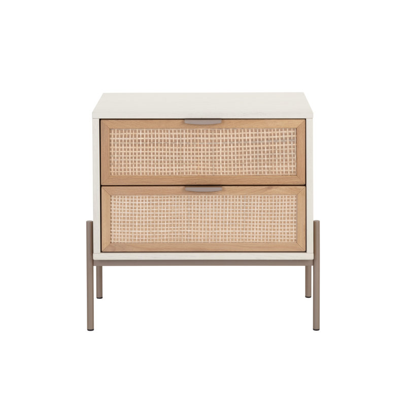 Cream Oak and Rattan 2-Drawer Nightstand with Gold Iron Legs