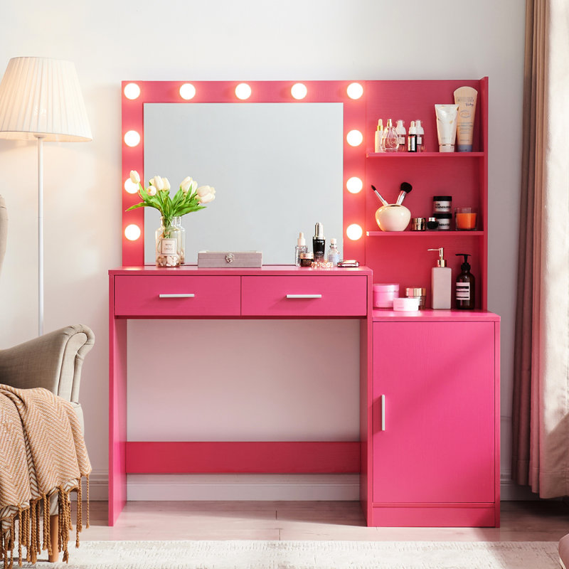 Vanity Desk With Mirror And Lights, 46.4In Dressing Table In Rose Pink, 2 Large Drawers & Vertical Organizer, 3 Level Dresser, Lighting Modes Adjustable Brightness For Bedroom Pink Enchanting