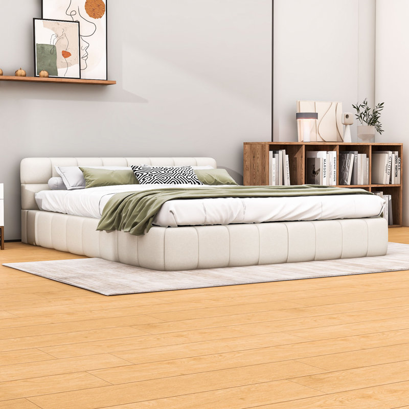 Grand lit plateforme tapissier avec tête de lit et lattes Mekael, Beige