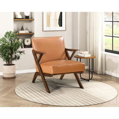 Chaise d'appoint en bois d'hévéa massif en similicuir brun avec revêtement de salon de 300 lb et base en bois