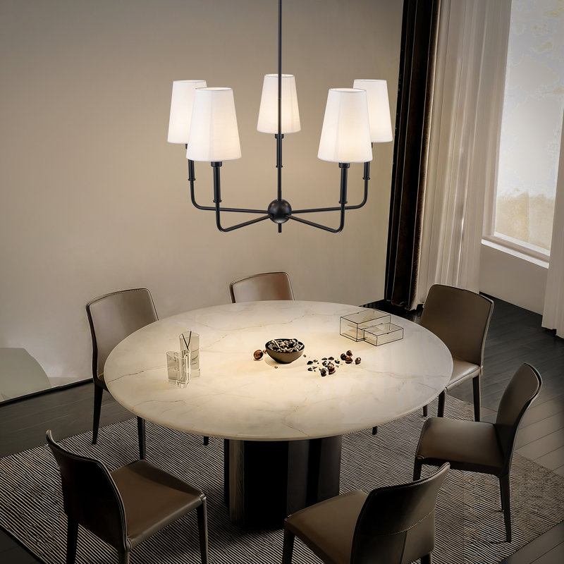 5 - Light Dimmable Classic Traditional Chandelier With White Linen Fabric Shades, Matte Black