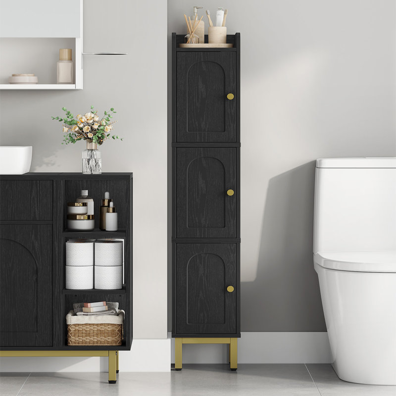 Slim Bathroom Storage Cabinet, Narrow Bathroom Organizers and Storage with 4 Adjustable Feet, Laundry Room Organization for Small Space, Kitchen, Living Room, 3 Doors Black