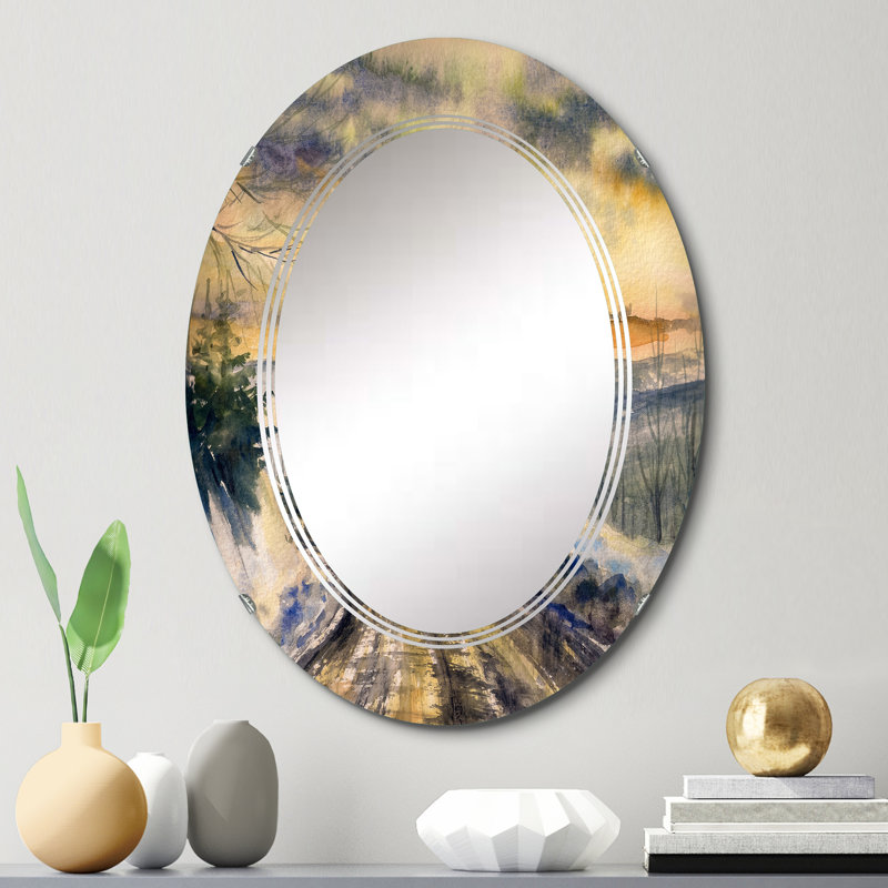 Paysage d'hiver enneigé II - miroir mural campagne ovale, 30 po x 20 po