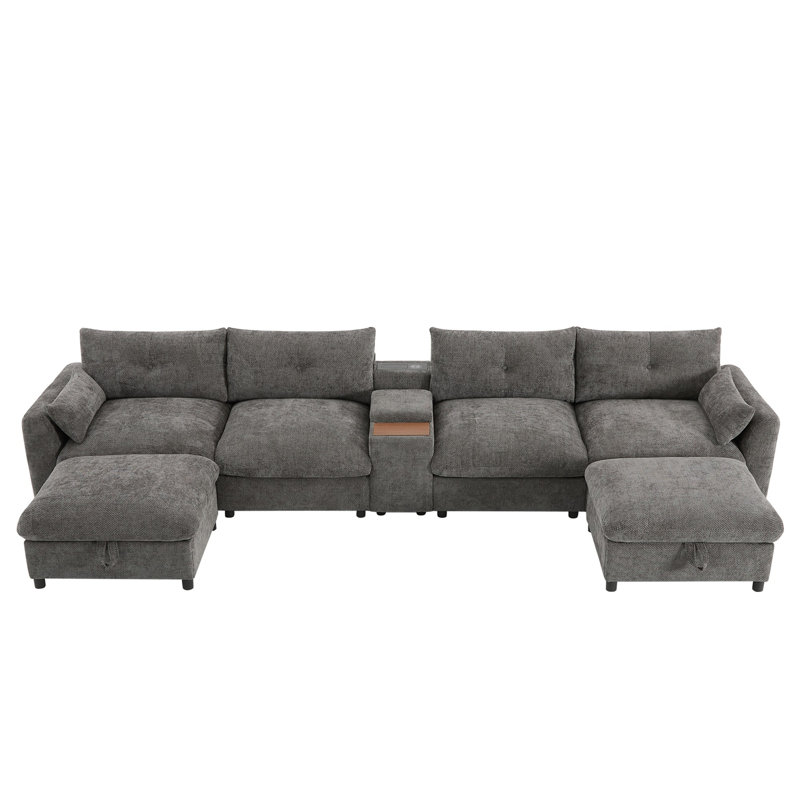 Modular Sectional Sofa with Movable Storage Ottoman and Console, Grey Chenille