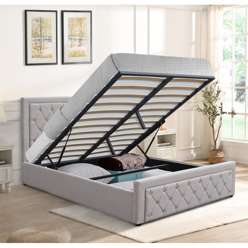Ottoman Storage Gaslift Bed Grey Velvet With Memory Foam Mattress Bedroom Furniture, Small Double (109 x 128cm)