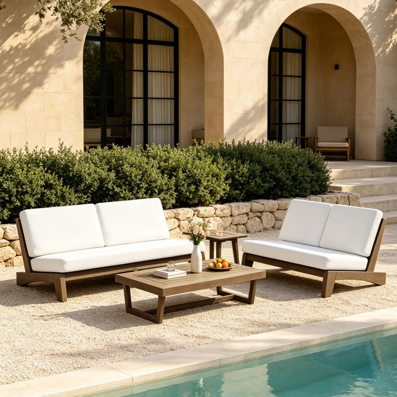 Ensemble de conversation extérieur Polett en bois massif, 4 Pcs: 2 Tables, Loveseats, Sofa, Beige, Brun