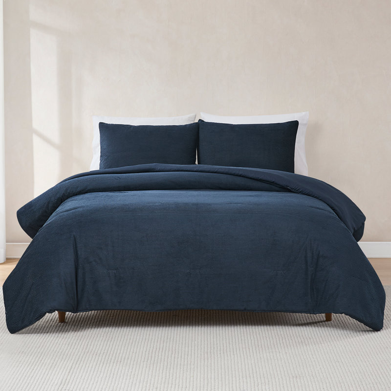 Arden Ribbed Corduroy Comforter Set, Queen Comforter + 2 Shams, Navy, 3