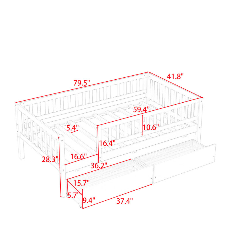 Wood Daybed with Two Drawers, White, Twin