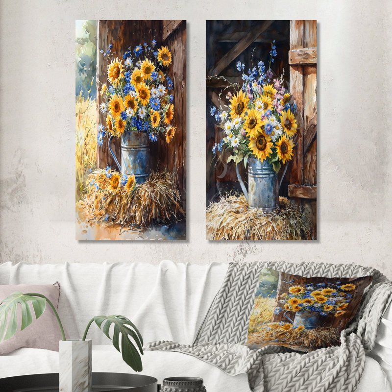Assortiment de fleurs et fleurs du champ I - décoration murale florale 2 panneaux, H 28 po x l 25 po, Toile tendue