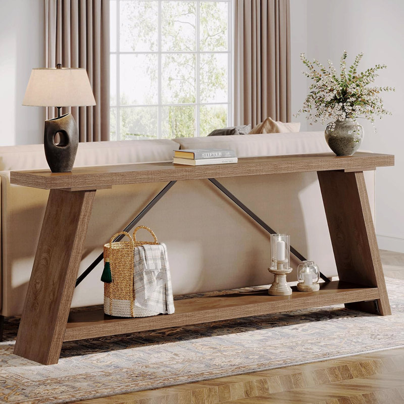 Console extra longue de 70,9 po derrière le canapé, table de canapé industrielle avec tablettes de rangement à 2 niveaux, table de couloir d'entrée étroite