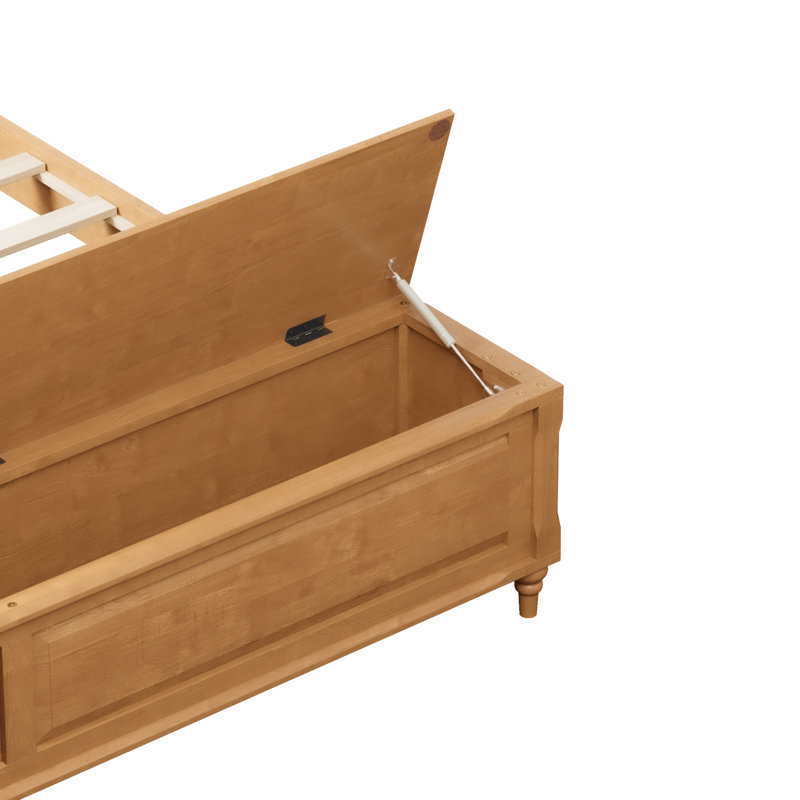 Structure de lit plateforme avec tête de lit à oreilles et banc de rangement, aucun sommier nécessaire, Naturel