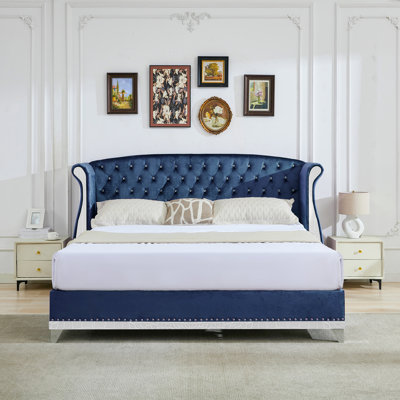 Upholstered Platform Bed with Curved Wingback & Button-Tufted Headboard