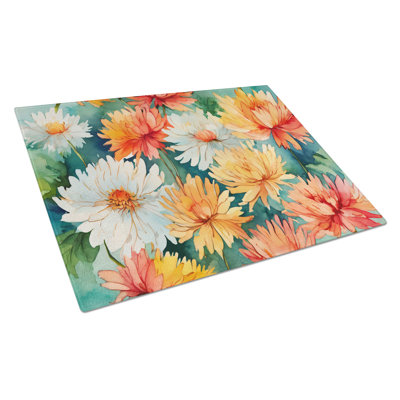 Grande planche à découper en verre à motif de chrysanthèmes à l'aquarelle